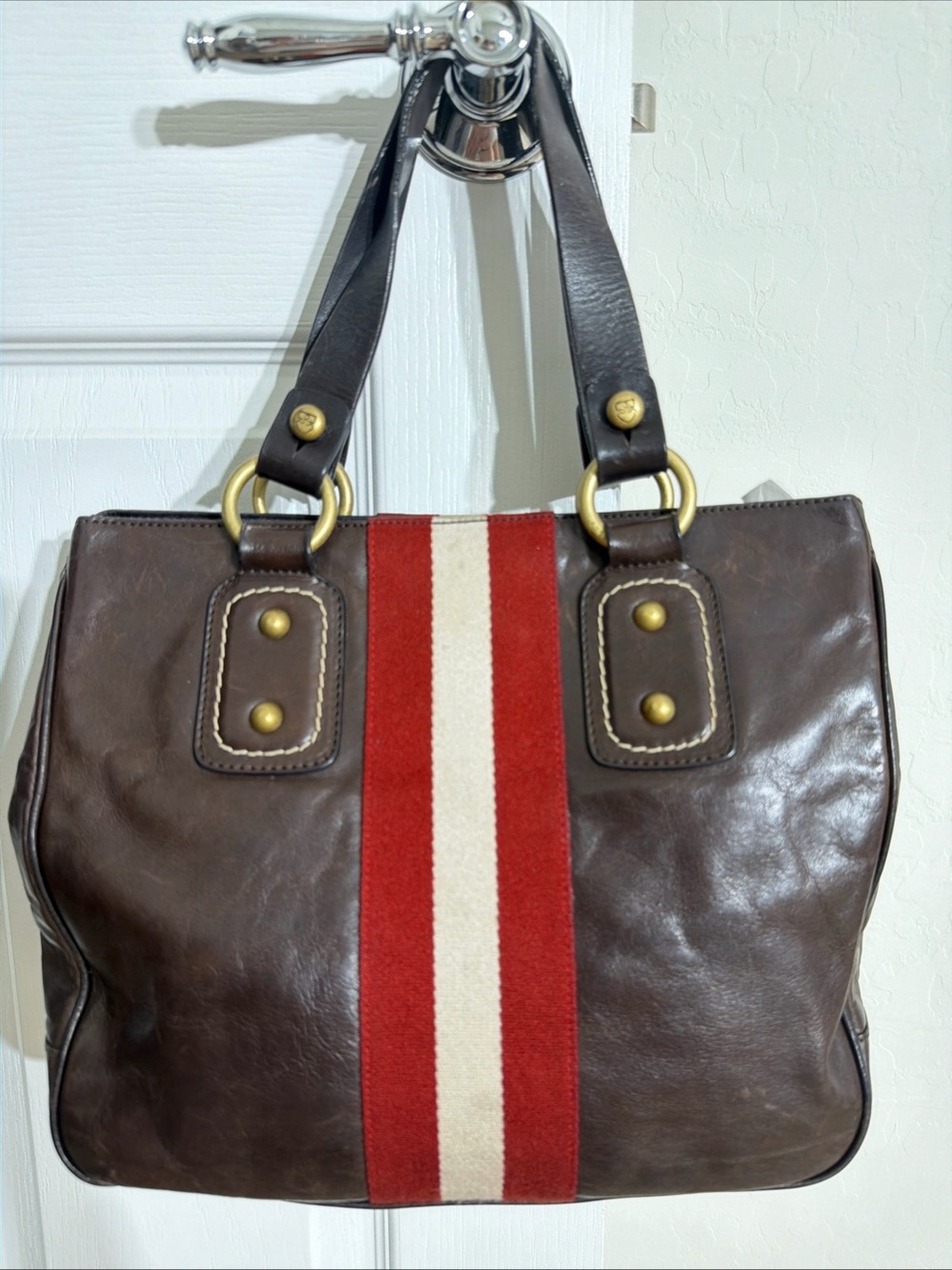 Vintage BALLY Trainspotting Tote Handbag Brown Calfskin Leather Red White stripe - Picture 2 of 10